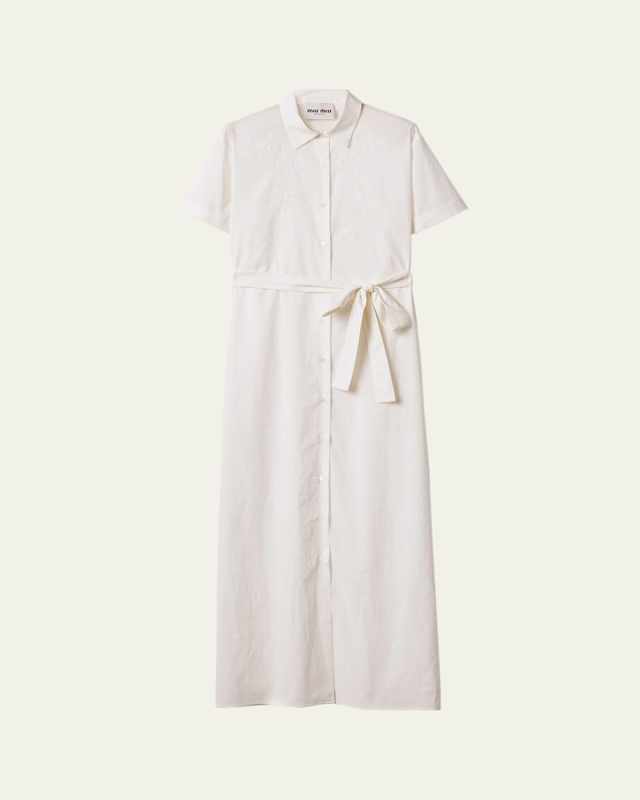 Batista Floral Embroidered Short-Sleeve Belted Maxi Shirtdress
